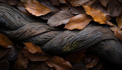 A winding, textured tree branch coated with moss and small fungi, blending effortlessly into the muted tones of fallen leaves and rich soil beneath.