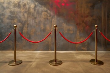 Row of red rope barriers with gold poles used as event or exhibition markers