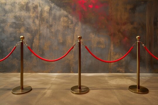Row of red rope barriers with gold poles used as event or exhibition markers