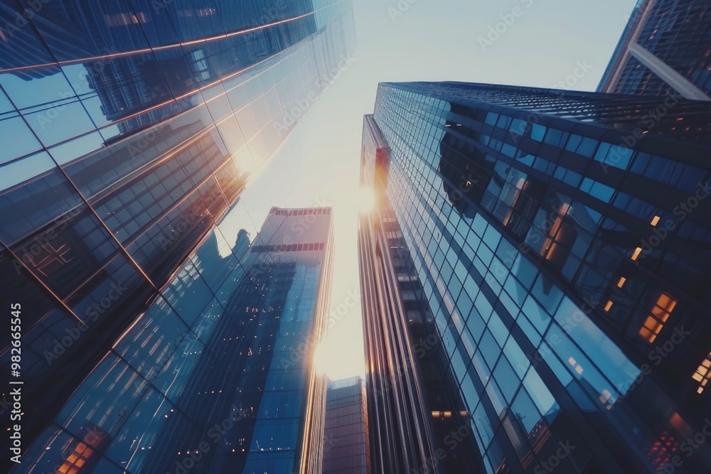 Poster tall buildings in a city with sunlight streaming through, ideal for urban development or architectur