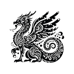 wyvern dragon with bohemian decoration decoration in black and white illustrations, cutout graphic