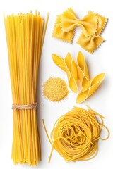 A variety of pasta ingredients displayed on a clean white background, ideal for food-related concepts