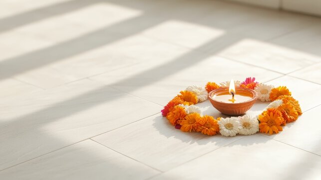A beautifully decorated Rangoli made with bright colors and flowers, with a lit diya in the center, capturing the essence of Dhanteras