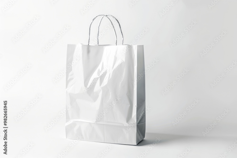 Poster A simple white paper bag sitting on a plain surface, ideal for use in scenes where a subtle packaging element is needed