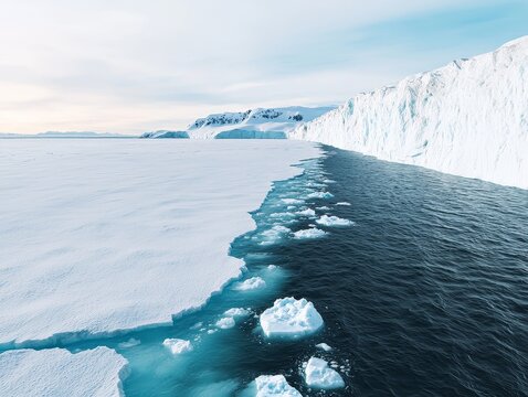 Melting polar ice caps with rising ocean waves approaching a coastline, a visual link between ice melt and sea-level rise, rising sea levels impact, climate change