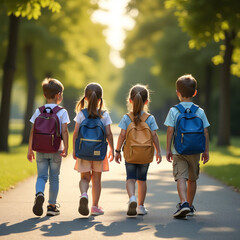 Obraz premium A group of children with backpacks goes to school sunny weather Concept of back to school. Ai generation