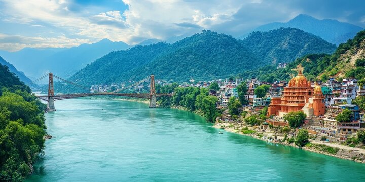 River flowing through mountainous town with bridge.
