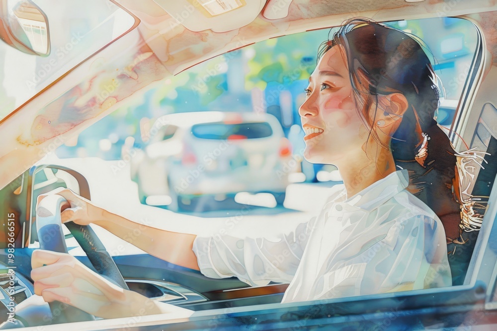 Poster a person behind the wheel of a vehicle navigating through urban area, suitable for use in scenes abo