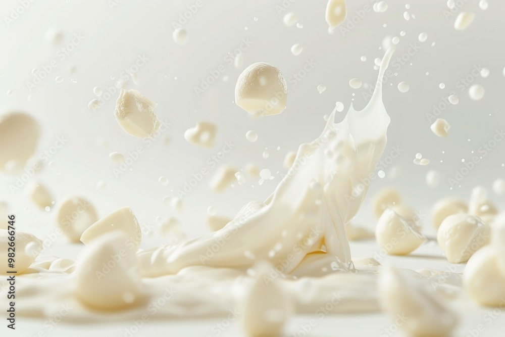 Poster A simple splash of milk on a white surface, suitable for use in food-related photography or as a background element