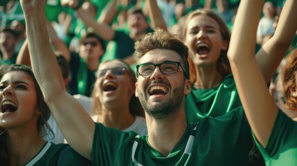 A group of people wearing green shirts are cheering and having fun together