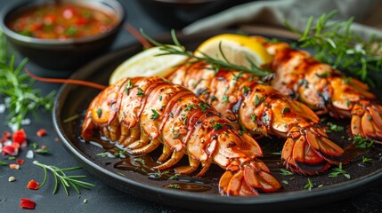 Elegant Gourmet Grilled Lobster Dish with Lemon and Sauces - Fine Dining Seafood Plate for Restaurant Menu 