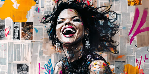 Expressive African-American woman laughing, free confident, optimistic positive spirit, urban street art graffiti
