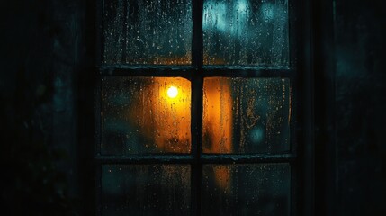 Raindrop-covered window with distant glowing light at night