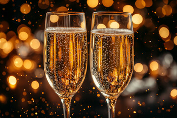 Glasses of champagne against blurred background. Space for text