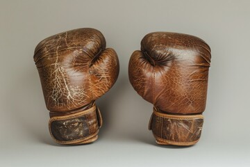 A pair of vintage-inspired brown leather boxing gloves