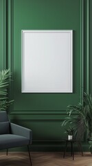 White blank frame mockup and green wall and wooden floor living room story portrait background