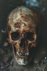 A close-up image of a human skull on the ground, suitable for use in various contexts such as horror themes or educational materials