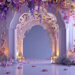Ramadhan night with islamic arch,pastel floral and light of moon