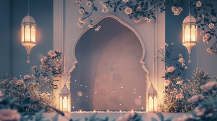Ramadhan night with islamic arch,pastel floral and light of moon