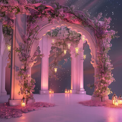 Ramadhan night with islamic arch,pastel floral and light of moon