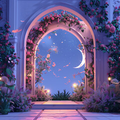 Ramadhan night with islamic arch,pastel floral and light of moon