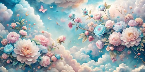 Whimsical florals unfold against a backdrop of pastel blue and pink clouds, delicately painted with loose, expressive brushstrokes, exuding a sense of ethereal wonder