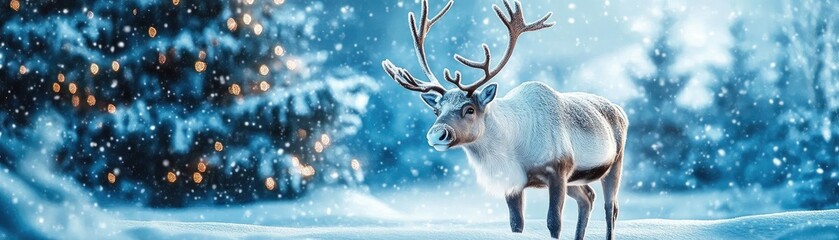 Obraz premium A majestic reindeer stands gracefully in a snowy landscape, surrounded by winter beauty and twinkling lights of a distant tree.