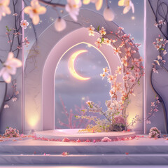 Ramadhan night with islamic arch,pastel floral and light of moon