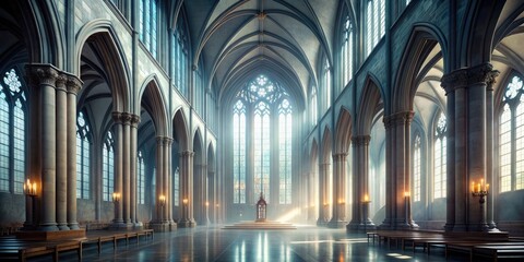 Foggy gothic chapel interior with tall windows, columns, and a mystical atmosphere, foggy, hall, interior, gothic, ancient