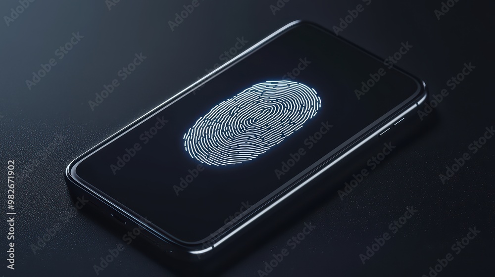 Poster a close-up of a smartphone displaying a digital fingerprint on the screen, symbolizing secure authen