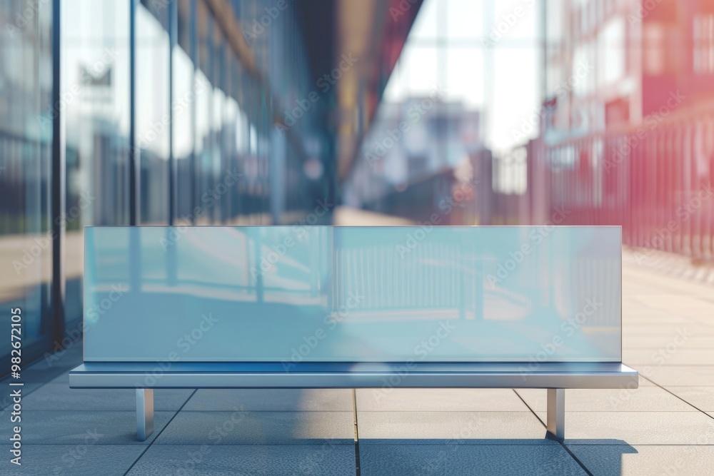 Poster A simple bench situated on a sidewalk, perfect for a brief pause or rest