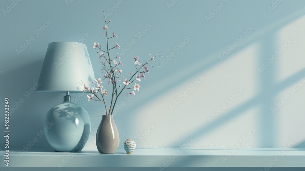 Poster a decorative shelf with two vases filled with flowers and a lamp, perfect for home decor or office u