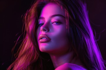 Fototapeta premium A woman with long hair illuminated by a purple light source, suitable for use in mystical or spiritual themes