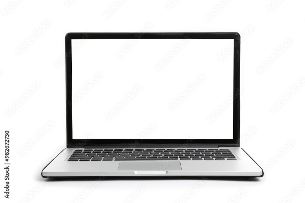 Poster a laptop computer with a white screen sitting on a white surface, great for technology or office bac