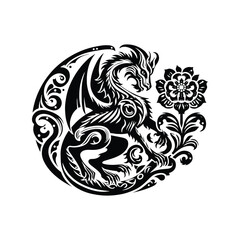 Obraz premium Chimera creature with folk art decoration in black and white illustrations, cutout graphic
