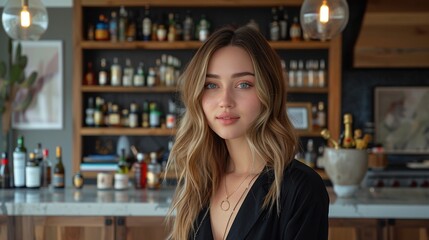 A young woman with blonde hair standing in front of a well-stocked bar adorned with various bottles of spirits and warm lighting creating a cozy atmosphere