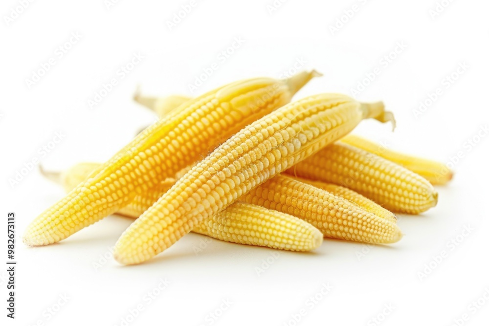 Aufkleber A heap of yellow corn kernels on a plain white surface, ready for use or display