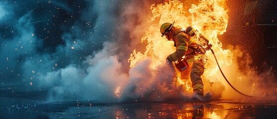 A firefighter is spraying water on a fire