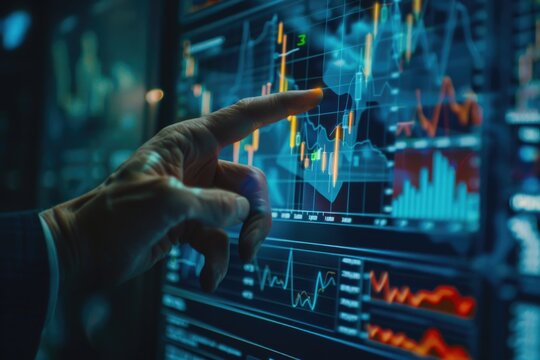 A person examining data on a computer screen with graphical displays