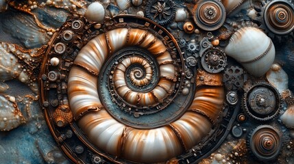 A perfectly aligned spiral of seashells, beach setting, steampunk style, bronze and copper metallic hues, intricate clockwork elements, soft natural lighting
