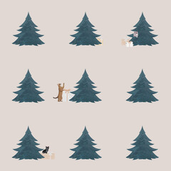 Christmas tree and cat pattern in beige