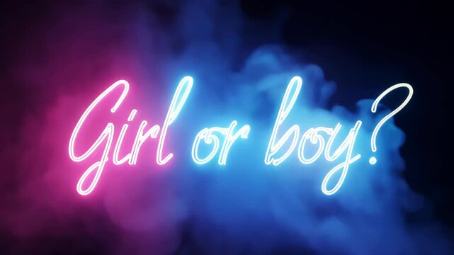  text "Girl or boy?" glowing in pink and blue colors, surrounded by smoke effect, creating a gender reveal