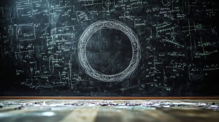 Obraz premium A perfectly drawn circle in chalk on a blackboard, surrounded by complex mathematical equations
