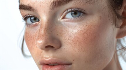 Obraz premium A close-up shot of a woman's face with noticeable freckles, perfect for beauty or portrait use