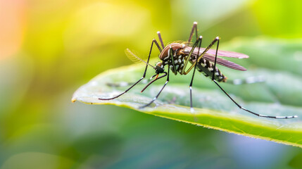 Naklejka premium Mosquito resting on leaf in tropical forest, symbolic of dengue fever transmission, detailed focus on insect's importance in health awareness campaign.