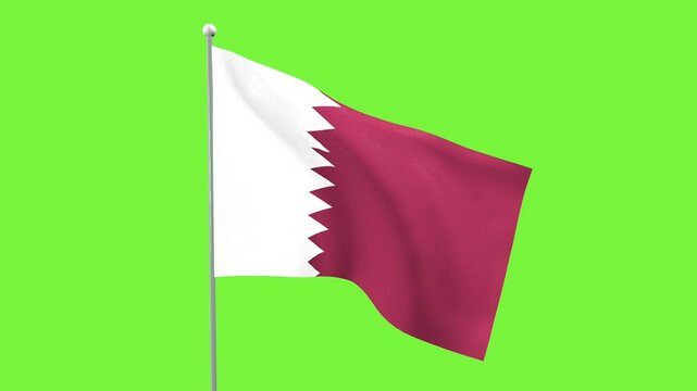 The national flag of Qatar, fluttering in the wind on a green screen background.