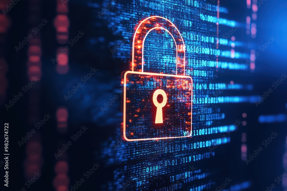 Poster a digital padlock symbol amidst vibrant blue and red binary code, representing cybersecurity and dat