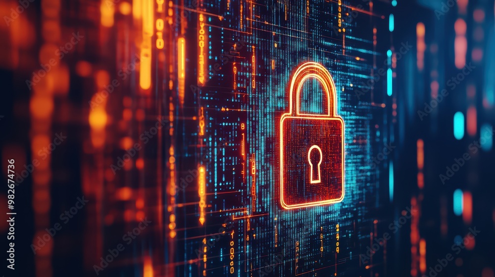 Poster a digital lock icon surrounded by glowing data streams, symbolizing cybersecurity and data protectio