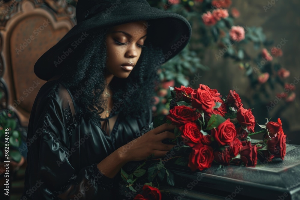 Wall mural A woman holds a bouquet of red roses, wearing a black hat