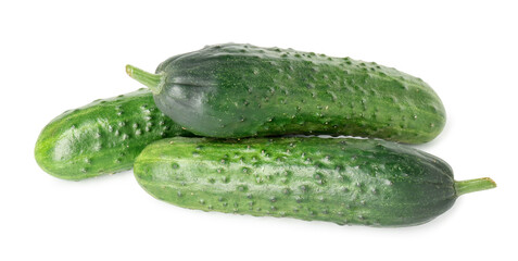 Three fresh green cucumbers isolated on white, above view
